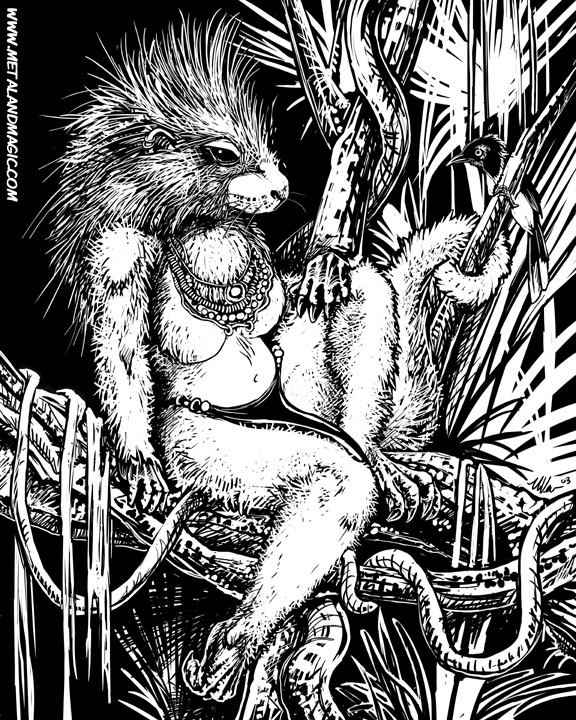 2003 4_toes ambiguous_gender anthro avian beady_eyes beak belly big_breasts biped bird black_and_white branch brazilian_porcupine breasts claws clothed clothing coendou digital_drawing_(artwork) digital_media_(artwork) duo erethizontid eye_contact feathers featureless_breasts female female_focus ferns folded_wings fur hand_on_leg in_tree jewelry jungle larger_female leaf loincloth long_tail looking_at_another mammal monochrome nature navel necklace on_branch outside porcupine prehensile_tail raised_leg rodent sitting size_difference smaller_ambiguous snout solo_focus spines tail_feathers toe_claws toes topless tree url ursula_vernon vines whiskers