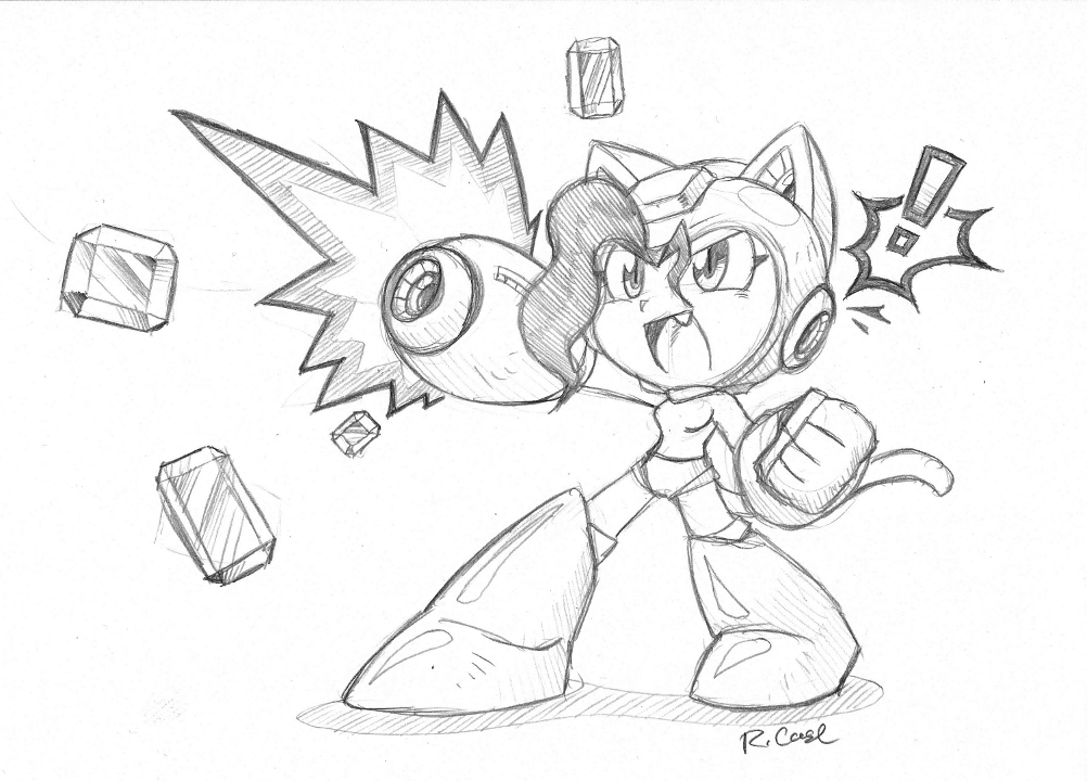 1girl arm_cannon bangs capcom company_connection cosplay crossover fang felicia greyscale monochrome pocket_fighter robert_j_case rockman rockman_(character) rockman_(character)_(cosplay) rockman_(classic) sketch solo vampire_(game) weapon