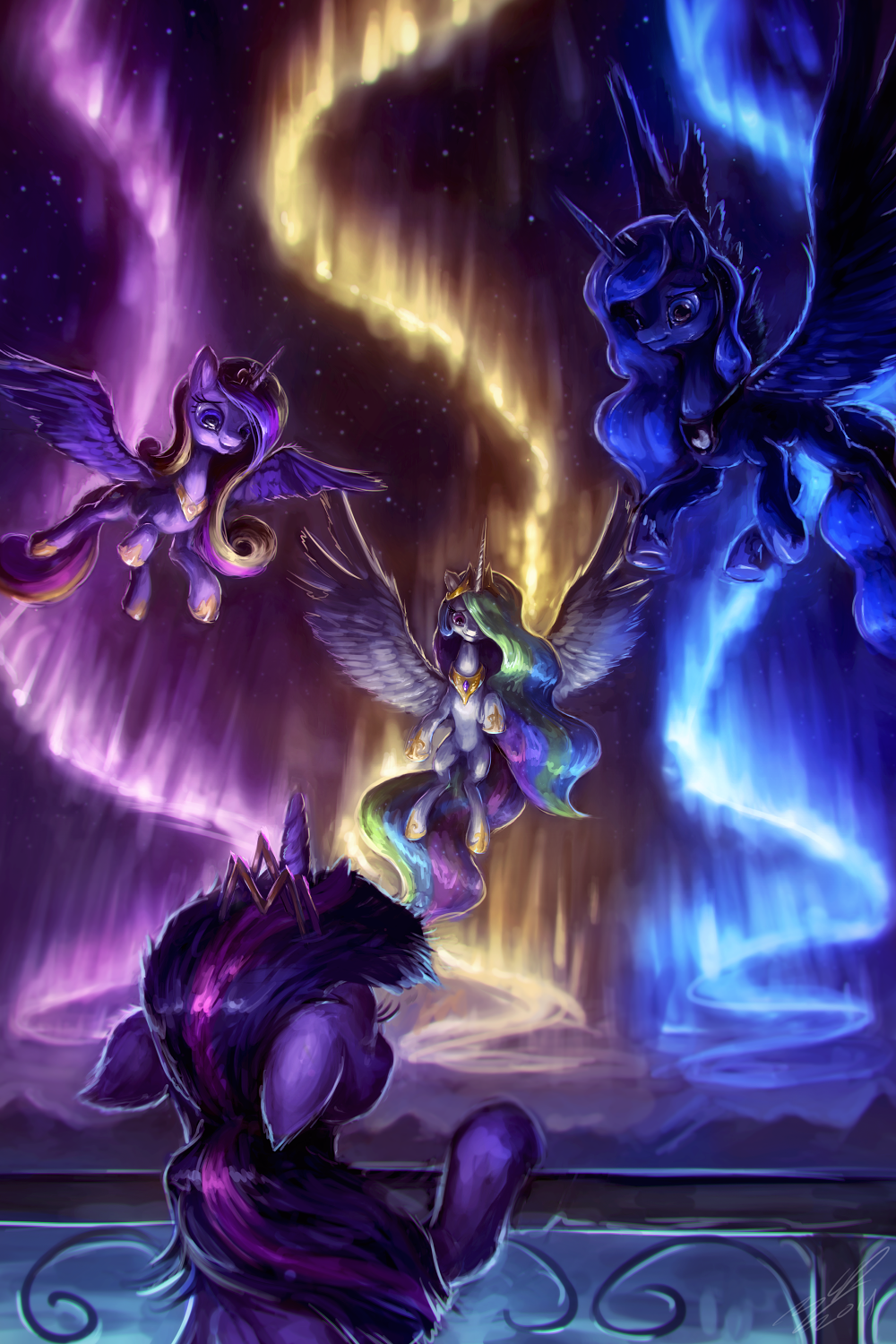 assasinmonkey aurora_borealis balcony blue_eyes blue_hair crown equine female flying friendship_is_magic gold group hair horn mammal multi-colored_hair my_little_pony necklace outside princess_cadance_(mlp) princess_celestia_(mlp) princess_luna_(mlp) purple_eyes purple_hair royalty sky sparkles twilight_sparkle_(mlp) winged_unicorn wings