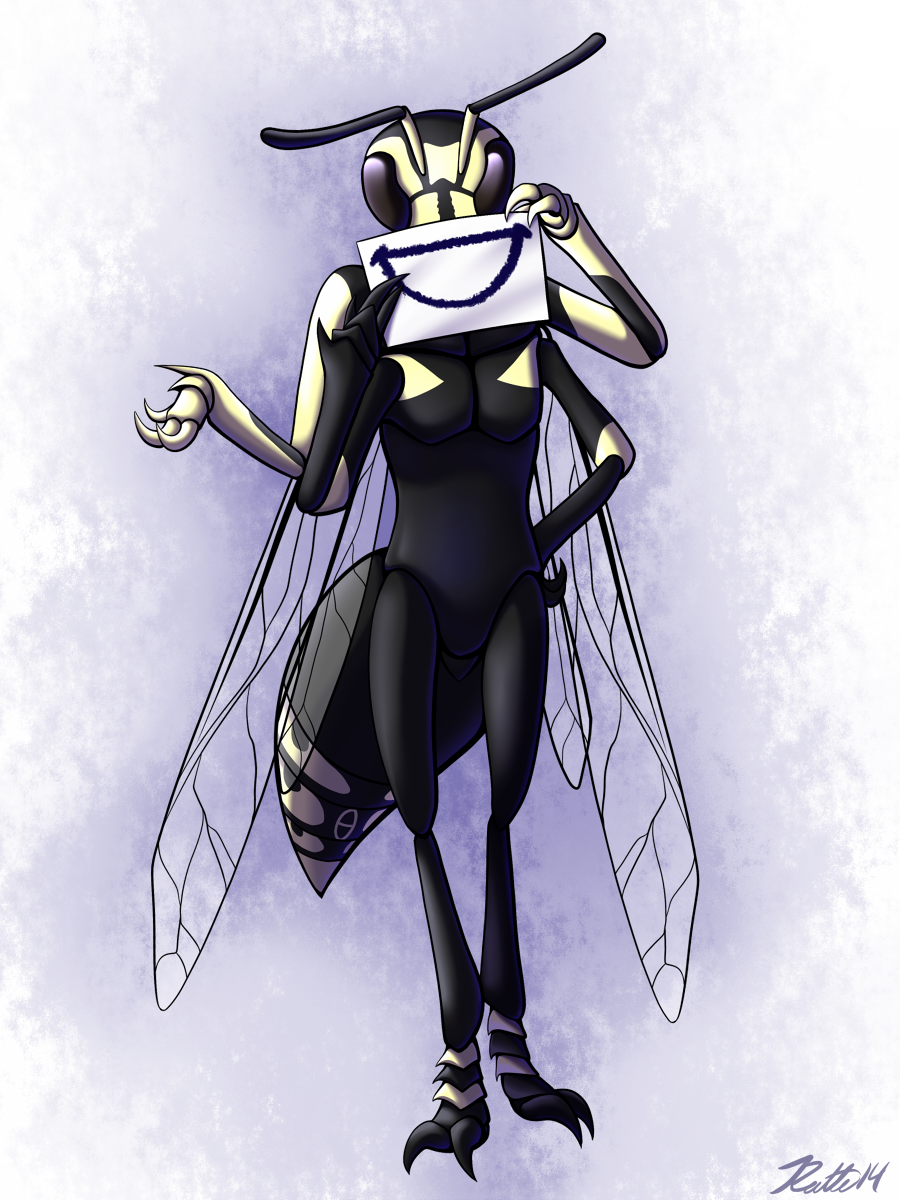 actini antennae anthro arthropod black_eyes black_sclera black_skin claws holding insect insect_wings insectoid looking_at_viewer male multi_limb paper ratte smile solo standing wasp white_skin wings