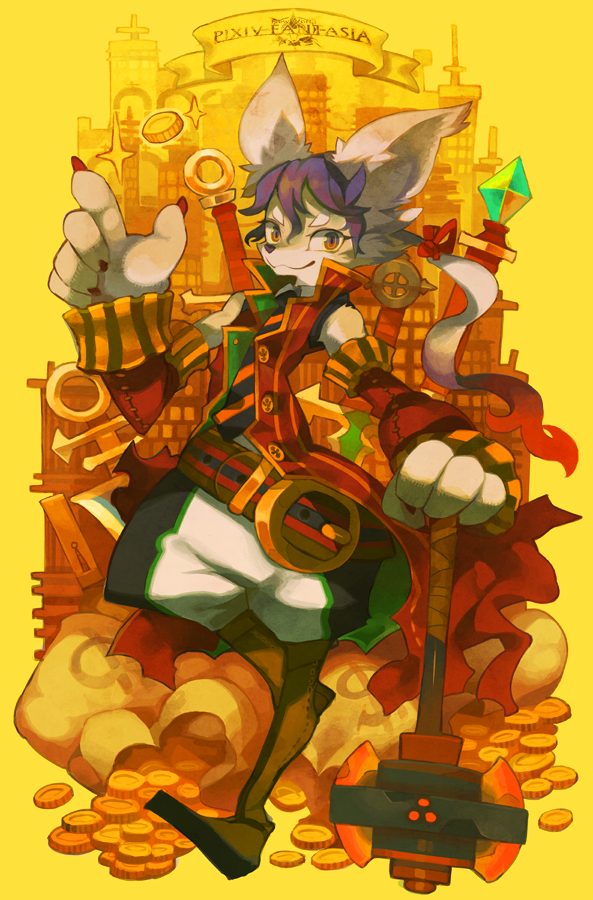 ambiguous_gender anthro axe bags belt boots bottomless building buttons clothed clothing coins fur gem gold hair looking_at_viewer mammal nails necktie orange_eyes pants pixiv_fantasia ponytail poytail purple_hair red_nails ribbons ricosye shirt smile solo sparkle stripes sword treasure weapon