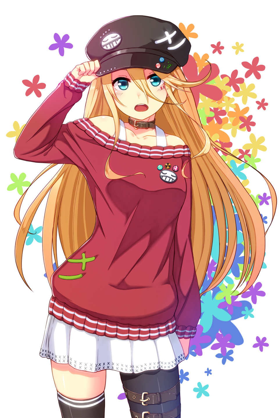 aqua_eyes asymmetrical_legwear bad_id bad_pixiv_id badge belt belt_collar blonde_hair button_badge cabbie_hat d: hand_on_headwear hat highres horosuke_(toot08) long_hair looking_at_viewer off-shoulder_sweater open_mouth original red_sweater single_pantyhose single_thighhigh skindentation skirt solo sweater thigh_strap thighhighs very_long_hair