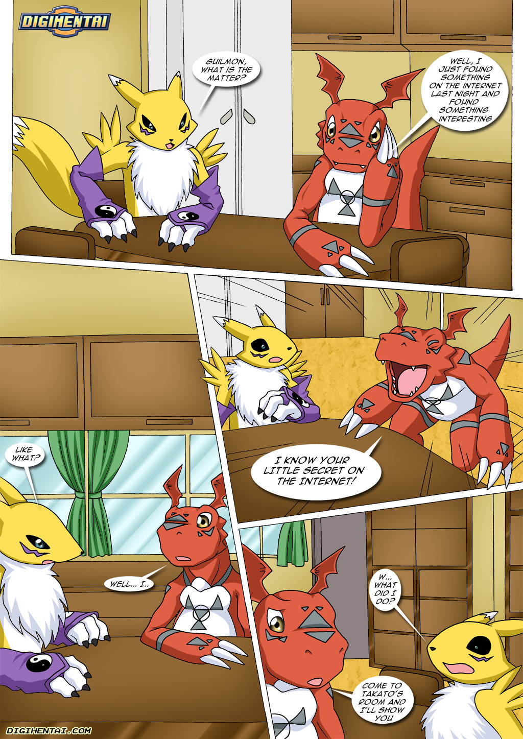 bbmbbf blue_eyes brown_eyes canine chest_tuft claws clothing comic crown curtains dialog digihentai digimon doors dragon english_text fangs female fox fur gloves guilmon inside male mammal open_mouth palcomix renamon reptile scalie shocked surprise table teeth text tongue tuft window yelling yellow_fur