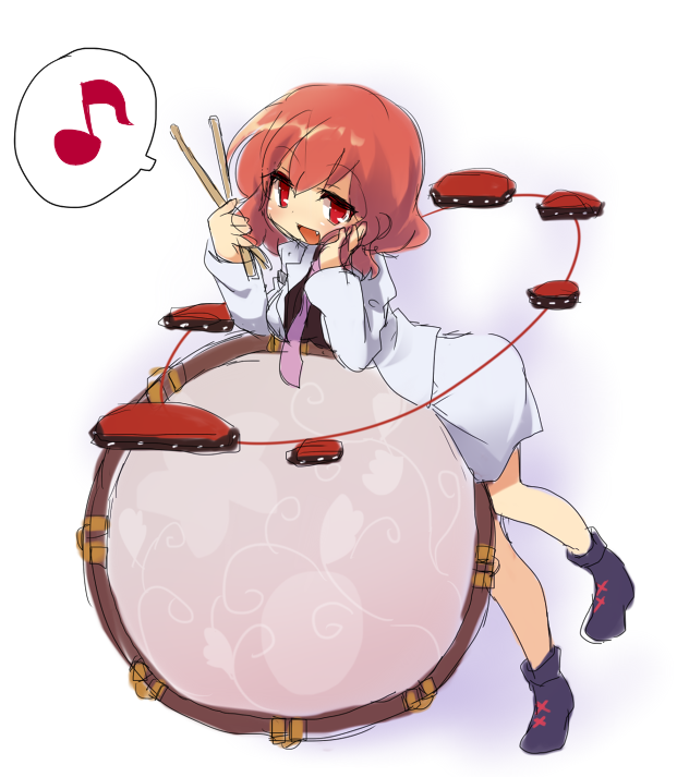 asyura7 drum drumsticks fang horikawa_raiko instrument jacket looking_at_viewer lying miniskirt necktie on_stomach open_mouth purple_neckwear red_eyes red_hair short_hair skirt skirt_set smile solo touhou