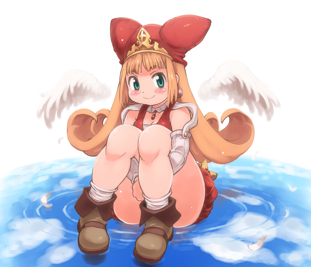 bare_legs blush brown_hair curly_hair earrings full_body green_eyes hat jewelry kururu_(little_princess) little_princess long_hair marl_kingdom official_style plump rhapsody shoes sitting smile socks solo wide_hips yu_3