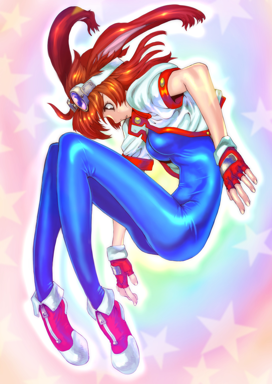 animal_ears blue_bodysuit bodysuit brown_eyes brown_hair bunny_ears cropped_jacket expressionless fingerless_gloves full_body gloves goggles goggles_on_head highres makihara_arina multicolored multicolored_background profile shoes short_hair skin_tight sneakers solo soon star starry_background waku_waku_7