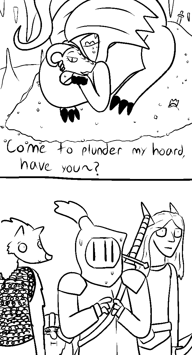 cave claws comic crown dialog dragon dungeons_&amp;_dragons dwarf elf female feral flirty fur gnoll gold group hoard human hyena male mammal raised_tail scalie size_difference smile sword text treasure trout_(artist) weapon wings