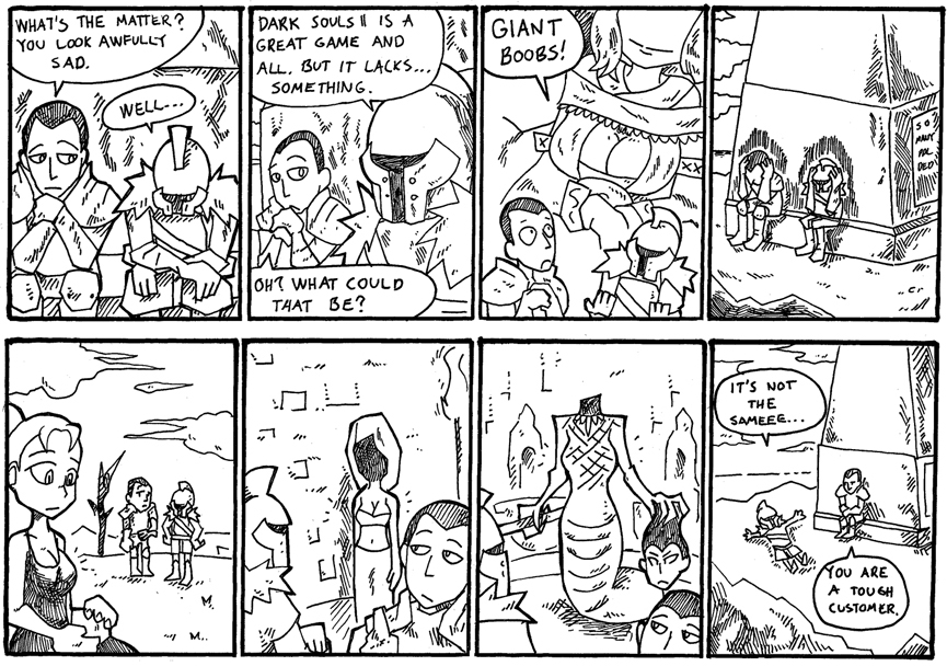 4girls 4koma armor bearer_of_the_curse breasts cleavage comic crestfallen_warrior dark_souls dark_souls_ii desert_sorceress english greyscale hands_on_own_head headless helmet knight medium_breasts monochrome multiple_boys multiple_girls mytha_the_baneful_queen queen_of_sunlight_gwynevere setz sitting souls_(from_software) stone_trader_chloanne