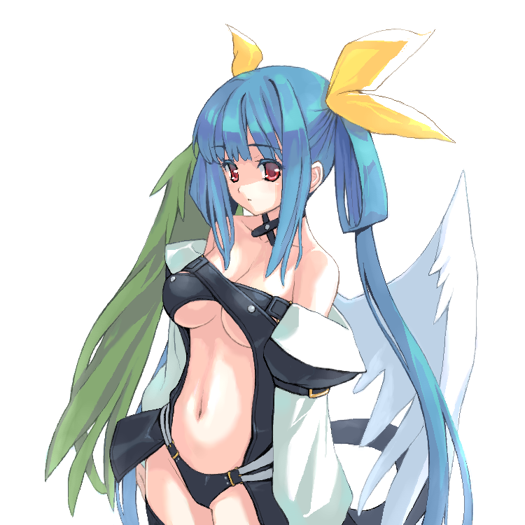 amano_yuu asymmetrical_wings blue_hair bow breasts dizzy guilty_gear hair_bow large_breasts long_hair red_eyes solo twintails underboob wings