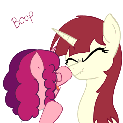 boop cute duo english_text equine eyes_closed female fur hair horn lauren_faust mammal marker_pony_(character) my_little_pony open_mouth pink_fur pink_hair red_hair text two_tone_hair unicorn yellow_fur young
