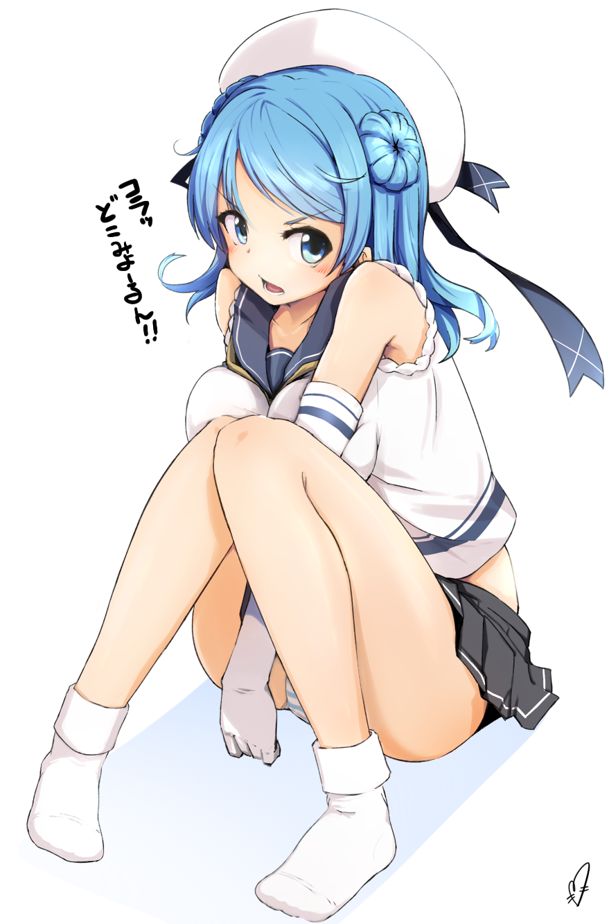 bare_shoulders beret black_skirt blue_eyes blue_hair blue_panties breast_squeeze breasts elbow_gloves full_body gloves hat highres kantai_collection large_breasts looking_at_viewer momo_(higanbana_and_girl) neckerchief open_mouth panties pantyshot pantyshot_(sitting) pleated_skirt sailor_collar school_uniform serafuku shirt simple_background sitting skirt sleeveless sleeveless_shirt socks solo striped striped_panties thighs translated underwear urakaze_(kantai_collection) white_background white_hat white_legwear white_shirt