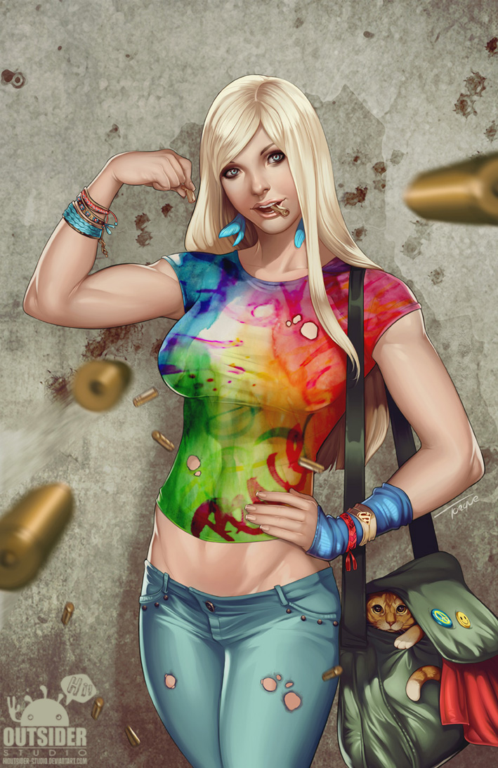 1girl alien bag blonde_hair blue_eyes bracelet bullet cat dc_comics denim elizabeth_torque flex flexing hand_on_hip jeans jewelry kryptonian lapel_pin mouth_hold muscle pants pose s_shield shirt solo streaky supergirl superman_(series) t-shirt tie_dye torn_clothes