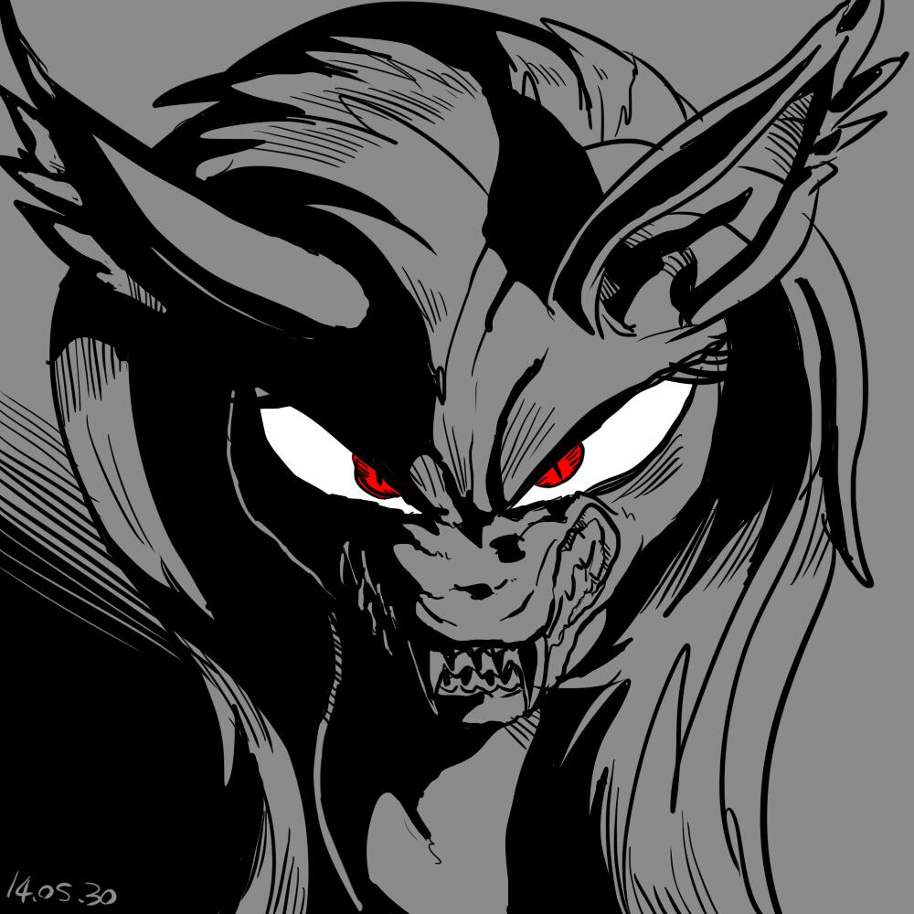 angry close-up equine fangs female flutterbat_(mlp) fluttershy_(mlp) friendship_is_magic fur hair horse long_hair looking_at_viewer mammal monochrome my_little_pony nekubi nightmare_fuel pegasus pony red_eyes solo teeth wings