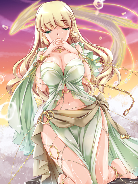 barefoot barefoot_sandals blonde_hair bracelet breast_squeeze breasts chain cleavage collarbone cuffs dragon dress dutch_angle green_dress green_eyes interlocked_fingers jewelry kneeling large_breasts long_hair moneti_(daifuku) monster navel praying restrained shackles solo tassel