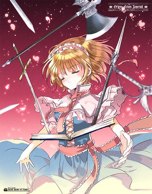 alice_margatroid axe bad_id bad_twitter_id blonde_hair blue_dress book capelet cierra_(ra-bit) closed_eyes dress gradient gradient_background hairband knife lolita_hairband necktie open_book puffy_sleeves ribbon sash short_hair short_sleeves simple_background solo sword text_focus touhou weapon