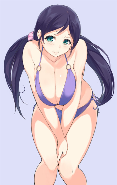 aqua_eyes between_legs bikini blue_background blush breast_squeeze breasts cleavage hand_between_legs large_breasts leaning_forward long_hair looking_at_viewer love_live! love_live!_school_idol_project low_twintails o-ring o-ring_top purple_hair sasamori_tomoe side-tie_bikini simple_background smile solo swimsuit toujou_nozomi twintails