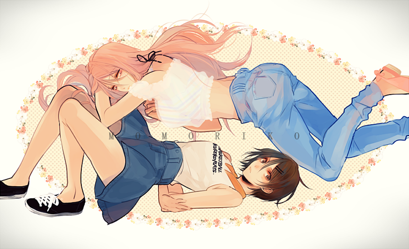 2girls aida_riko arm_pillow arms_behind_back bad_id bad_pixiv_id bare_arms bare_legs bare_shoulders black_footwear blouse blue_pants blue_shorts breasts brown_eyes brown_hair character_name closed_mouth clothes_writing collared_shirt cross-laced_footwear culottes feet_out_of_frame flats floating floating_hair flower frown hair_between_eyes hair_ornament hairclip knees_up krn0101 kuroko_no_basuke long_hair looking_at_viewer lying medium_breasts midriff momoi_satsuki multiple_girls off-shoulder_shirt off_shoulder pants pink_eyes pink_footwear pink_hair pocket shirt shoes short_hair shorts sideways sleeveless sleeveless_shirt white_background white_shirt