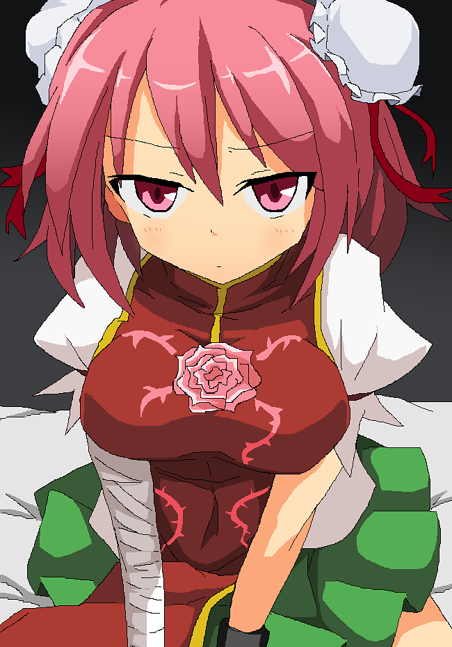 bandages bed breast_squeeze breasts bun_cover chinese_clothes cuffs flower green_skirt hair_ribbon ibaraki_kasen looking_at_viewer medium_breasts mspaint nagaresimasu pink_eyes pink_hair pleated_skirt puffy_short_sleeves puffy_sleeves ribbon rose shackles short_sleeves skirt solo tabard touhou v_arms