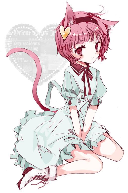 alternate_costume animal_ears bad_id bad_twitter_id blue_dress blush boots bow cat_ears cat_tail cierra_(ra-bit) dress frilled_dress frills full_body hairband heart kemonomimi_mode komeiji_satori looking_at_viewer pink_eyes pink_hair puffy_sleeves short_hair short_sleeves simple_background sitting solo tail text_focus touhou white_background