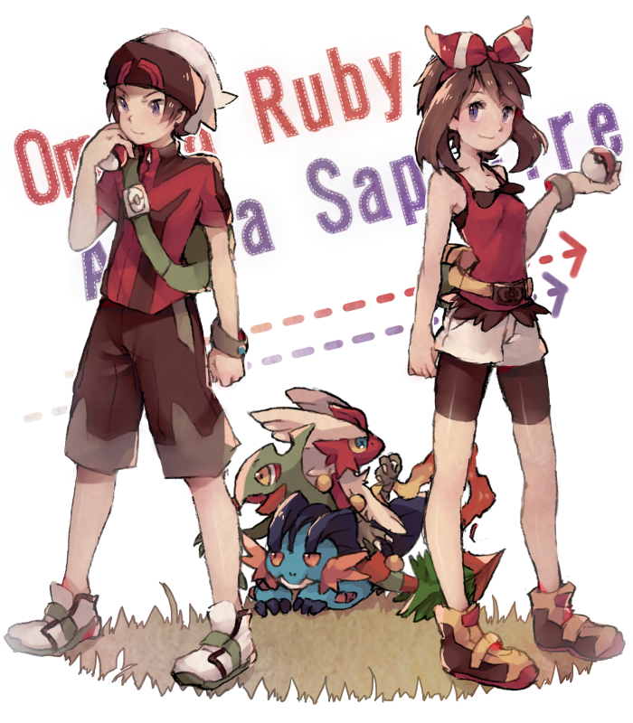 1girl backpack bag bike_shorts blaziken blue_eyes brown_hair copyright_name directional_arrow fanny_pack gen_3_pokemon hair_ribbon haruka_(pokemon) hat holding holding_poke_ball poke_ball pokemon pokemon_(creature) pokemon_(game) pokemon_oras ribbon sceptile shirt sleeveless sleeveless_shirt smile swampert syerii wristband yuuki_(pokemon)