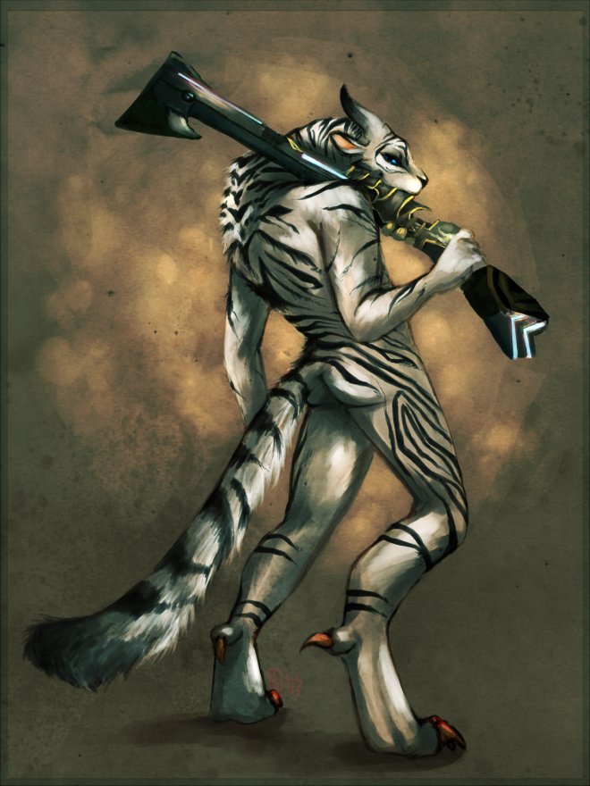 anthro battleguppy black_fur boreala_sparkforge butt charr claws dewclaw digitigrade engineer feline female fur guild_wars gun looking_at_viewer looking_back mammal nude pinup pose ranged_weapon rifle solo tiger_stripes toe_claws video_games weapon white_fur