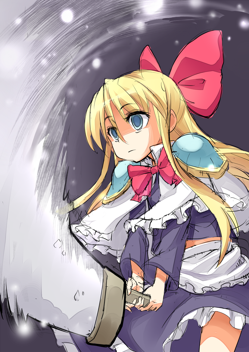 armor blank_stare blonde_hair bow capelet dress expressionless hair_bow long_hair looking_away minigirl ribbon shanghai_doll shoulder_armor solo spaulders sword touhou usotsuki_penta weapon