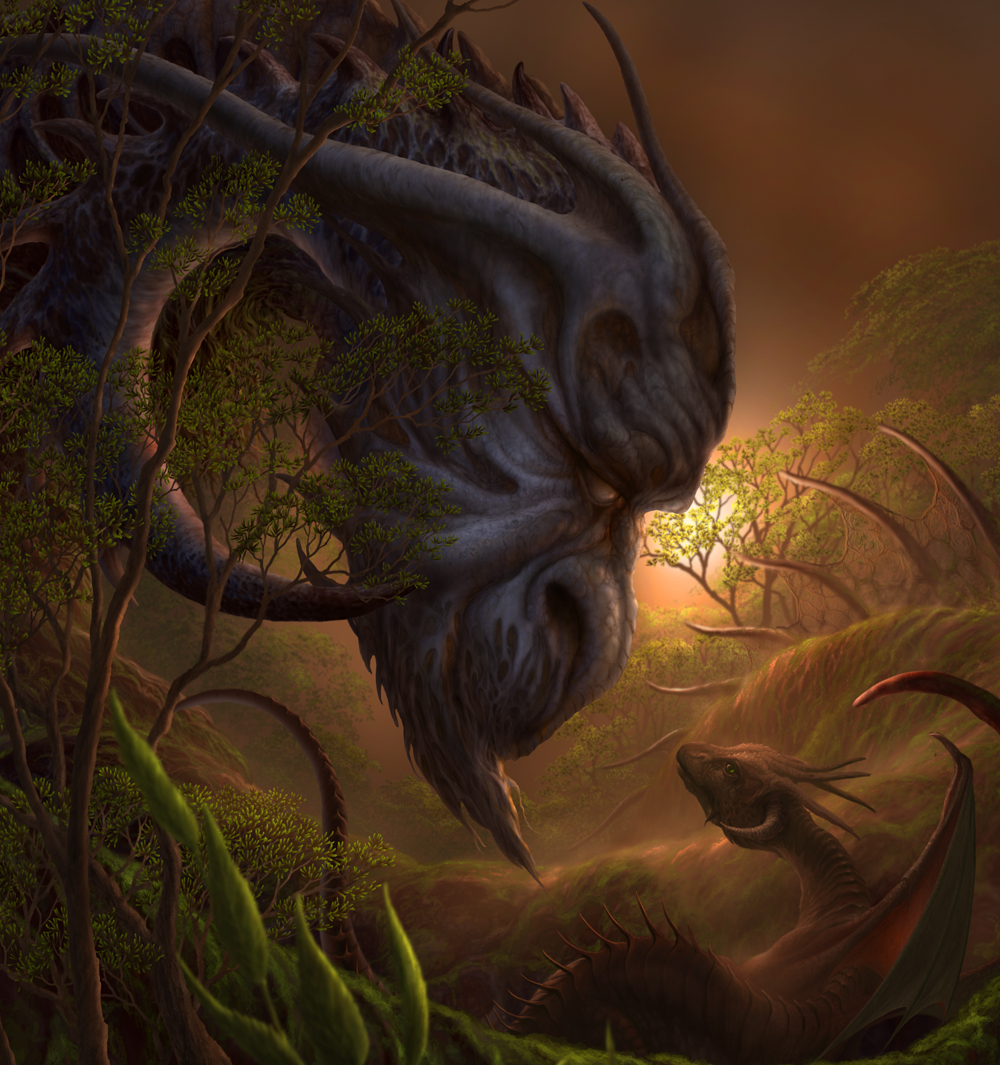 bad_id bad_pixiv_id creature dragon fantasy horns no_humans original sun tail tree uchio_kazumasa wings