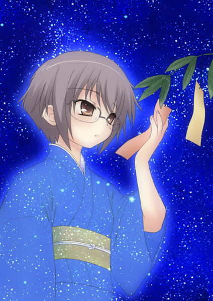 bamboo bangs blue_kimono glasses japanese_clothes kimono nagato_yuki night short_hair siseru_samurai solo star suzumiya_haruhi_no_yuuutsu tanabata tanzaku transparent yukata