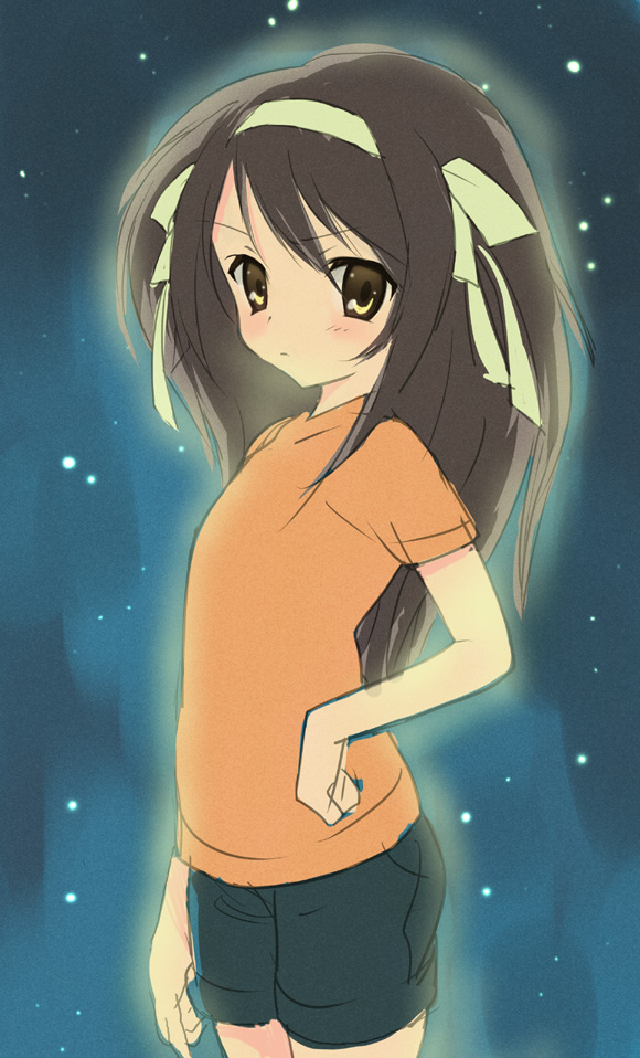 hairband kantaro long_hair night orange_shirt shirt solo suzumiya_haruhi suzumiya_haruhi_(young) suzumiya_haruhi_no_yuuutsu younger