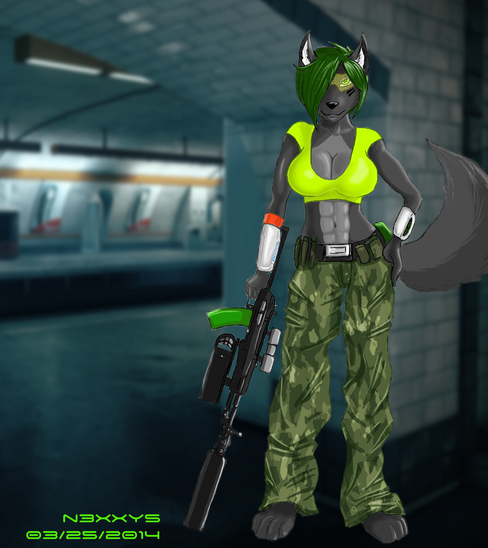 abs anthro barefoot battlefield big_breasts breasts camo canide canine eyewear female glasses gun hair kristine_blackburn kristine_blackburn(character) looking_at_viewer mammal n3xxys operation_metro ranged_weapon solo standing weapon wolf