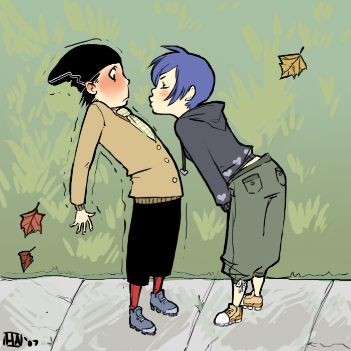 1girl autumn_leaves baggy_pants beanie black_eyes black_hair black_hat blue_footwear blue_hair blue_pants blush brown_footwear closed_eyes closed_mouth ed_edd_n_eddy edd_(ed_edd_n_eddy) falling_leaves freckles from_side frown green_pants hat heart heart_print hetero hood hood_down hoodie imminent_kiss leaf leaning_back leaning_forward long_sleeves marie_kanker motion_lines necktie pants plaid plaid_neckwear pouty_lips profile red_legwear shoes standing tomboy trembling