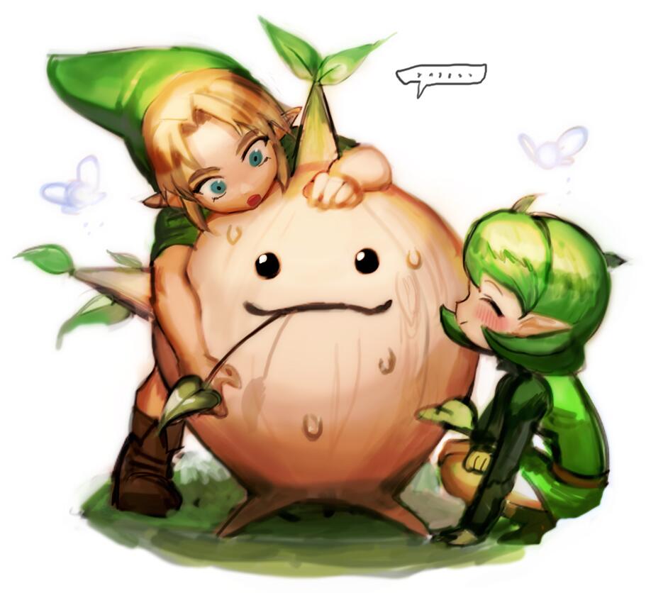 1girl bad_id bad_twitter_id blonde_hair blue_eyes charcoalo fairy great_deku_sprout green_hair green_hairband hairband hat link pointy_ears saria smile the_legend_of_zelda the_legend_of_zelda:_ocarina_of_time tree