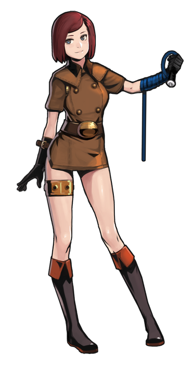 bangs belt black_gloves boots brown_hair dress full_body gloves knee_boots military military_uniform short_dress short_hair smile solo standing steward_b swept_bangs textless the_king_of_fighters thigh_strap transparent_background uniform whip whip_(kof)