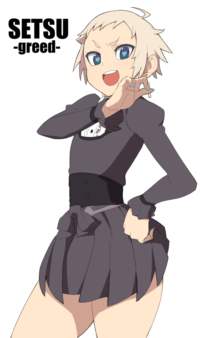 1girl accho_(macchonburike) blonde_hair blue_eyes dress eyebrows flat_chest formal greed_(deadly_sins) hand_on_hip heart heart-shaped_pupils laughing nail_polish ojou-sama_pose setsu_(accho) seven_deadly_sins short_hair simple_background standing symbol-shaped_pupils thick_eyebrows white_background