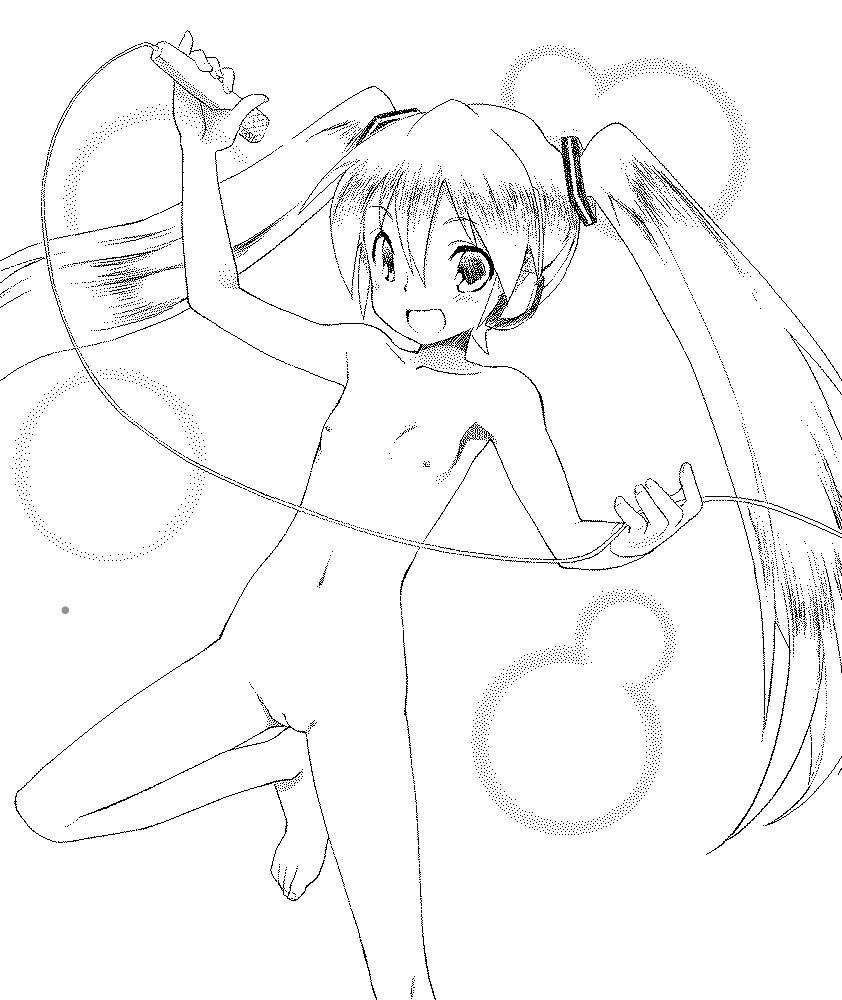 1girl barefoot feet female flat_chest hair_ornament hatsune_miku headphones legs lineart long_hair microphone monochrome navel nipples nude open_mouth pussy smile solo sword tatata thighs toes twintails uncensored vocaloid yamaha