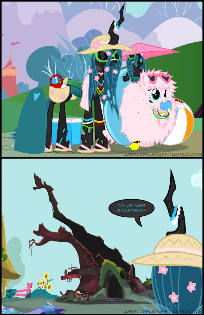 bag beach_ball candy changeling dialog duo earth_pony english_text equine eyewear female fence flower fluffle_puff friendship_is_magic fur hair hat horse long_hair mammal mixermike622 my_little_pony necklace object_in_mouth outside parasol pink_fur plushie pony queen_chrysalis_(mlp) rubber_duck speech_balloon sunglasses text tree tumblr