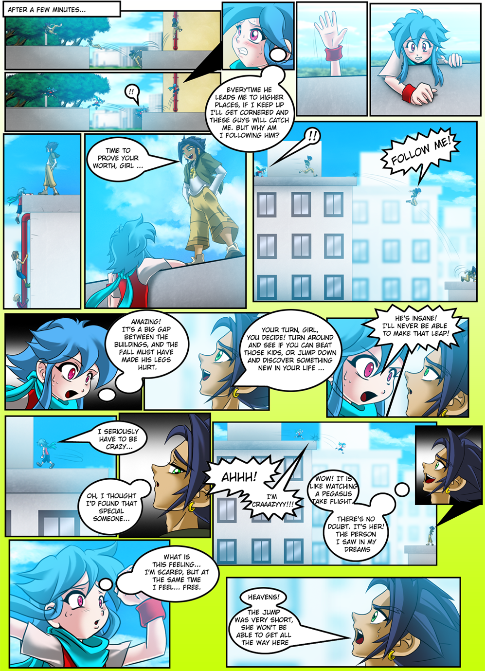 clothed clothing comic dialog english_text female flashback friendship_is_magic hair hoops_(mlp) human humanized jumping male mammal mauroz my_little_pony rainbow_dash_(mlp) running scarf score_(mlp) soarin_(mlp) text wonderbolts_(mlp) young