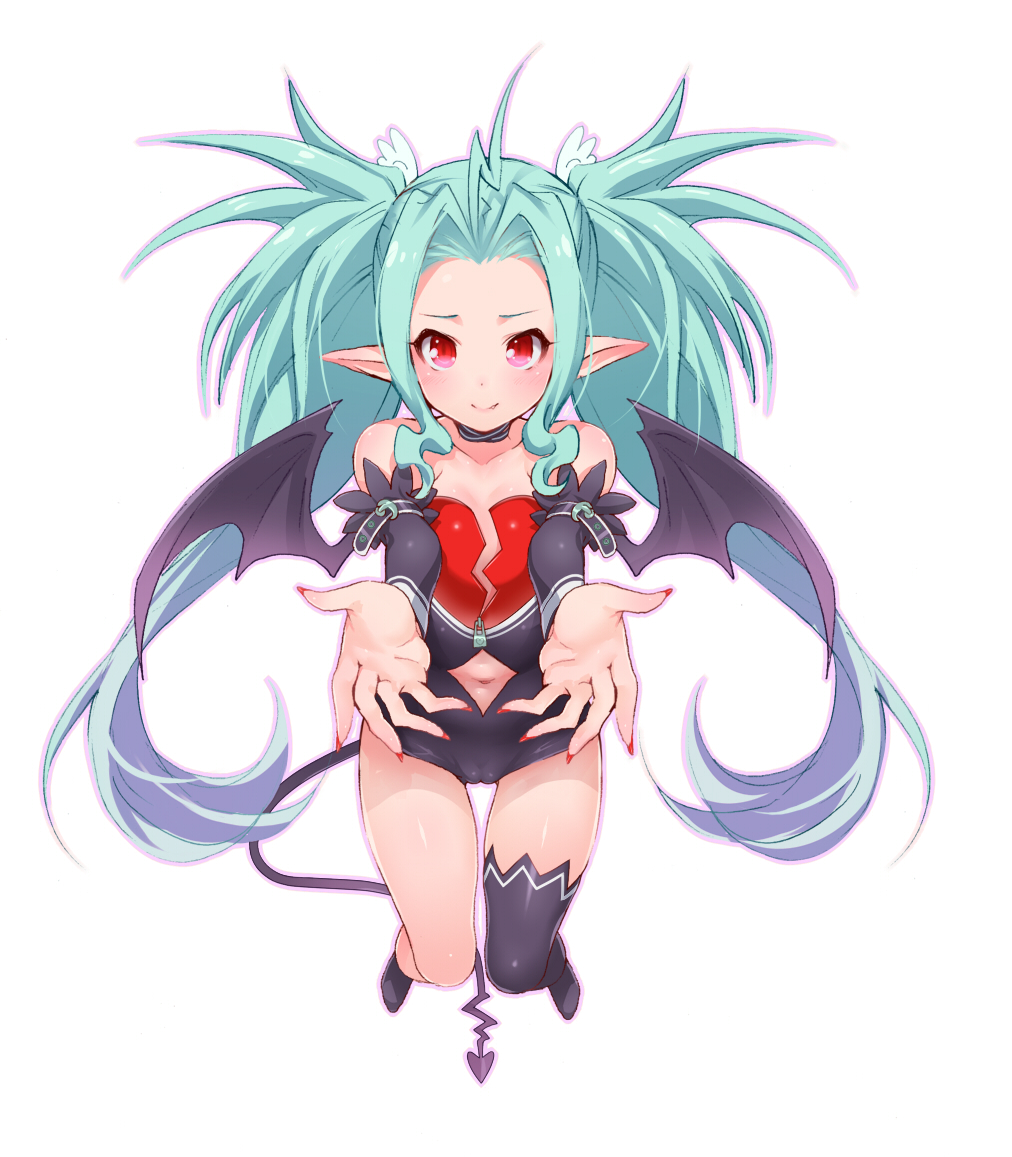 arm_warmers asymmetrical_clothes bad_id bad_pixiv_id bare_shoulders blush cameltoe choker collarbone demon_girl demon_tail demon_wings dina fingernails green_hair hair_intakes hizuki_akira long_hair nail_polish navel navel_cutout pointy_ears red_eyes red_nails simple_background single_thighhigh solo summon_night summon_night_swordcraft_story_2 tail thighhighs twintails wings