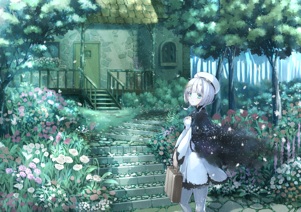 bag blue_eyes cape flower hat hyp lavender_hair original outdoors scenery short_hair smile solo stairs tree