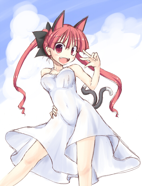 :d alternate_costume animal_ears bow breasts cat_ears cat_tail cloud covered_navel dress fangs from_below hair_bow hand_on_hip ichidai_taisa kaenbyou_rin long_hair medium_breasts multiple_tails nekomata open_mouth red_eyes red_hair see-through sky smile solo strap tail touhou two_tails white_dress