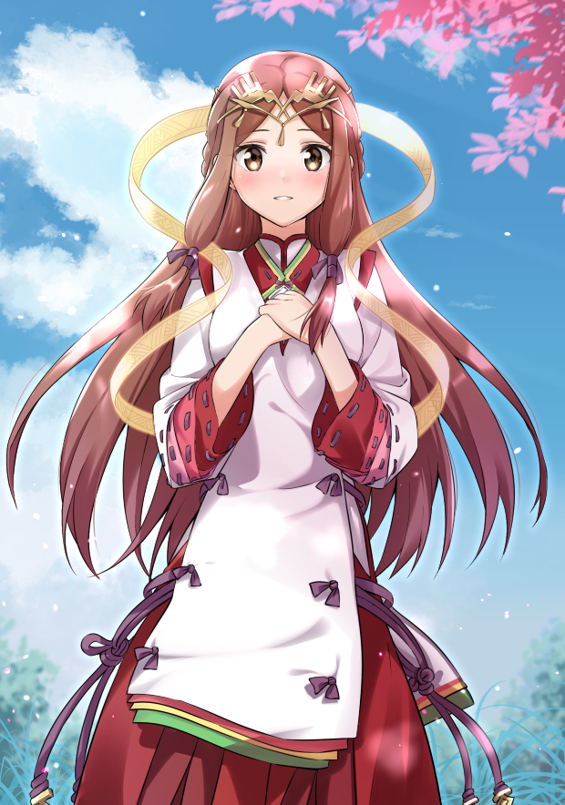 1girl bangs blue_sky blush braid brown_hair circlet commentary_request cowboy_shot day eyebrows_visible_through_hair fan_la_norne hair_ribbon hakama hands_on_own_chest japanese_clothes layered_sleeves long_hair long_sleeves looking_at_viewer miko niameresp nintendo outdoors own_hands_together parted_bangs parted_lips purple_ribbon red_hakama ribbon ribbon-trimmed_sleeves ribbon_trim shawl sky smile solo very_long_hair xenoblade_(series) xenoblade_2 xenoblade_2:_ogon_no_kuri_ira yellow_eyes