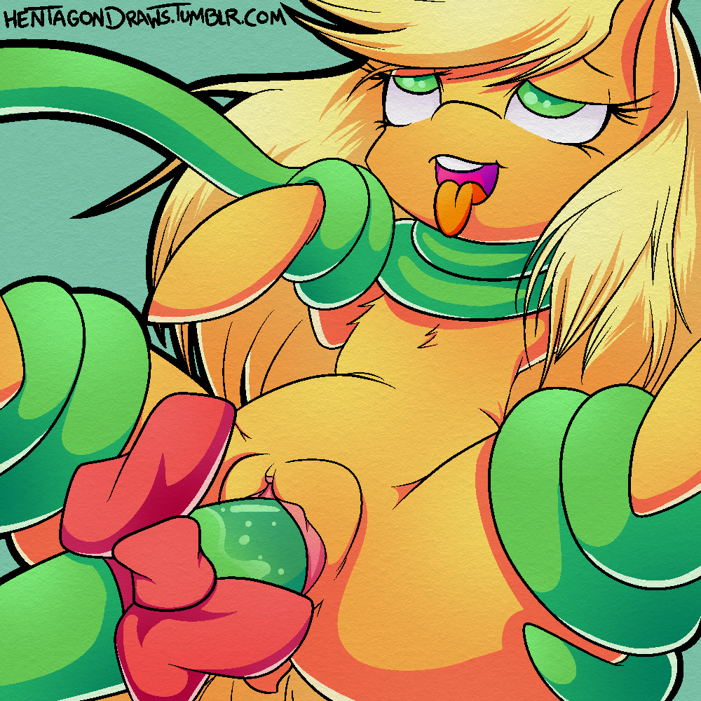 applejack_(mlp) blonde_hair bow earth_pony equine female feral friendship_is_magic fur green_eyes hair hentagon horse mammal my_little_pony open_mouth orange_fur penetration pony pussy sex solo tentacles tongue tongue_out vaginal vaginal_penetration