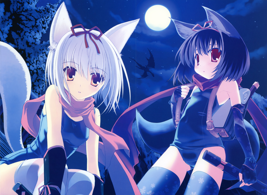 blue_hair breasts cat_ears cat_tail dress duo fox_tail hair hair_bow kokonobi legwear moon nanao_naru nanao_naru_(artist) red_eyes scarf sleeve small_breasts stockings swimsuit white_hair young