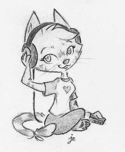 cat clothing feline female greyscale headphones looking_at_viewer mammal monochrome pencils shirt solo swiftcutter young