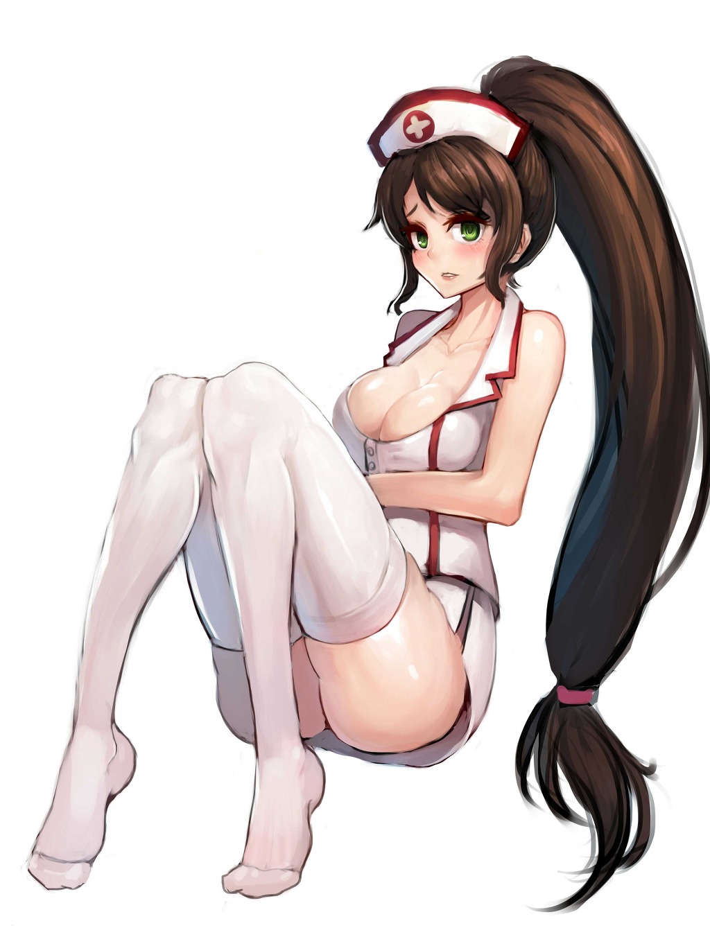 akali artist_request blush breasts brown_hair cleavage green_eyes hair_ribbon hat highres large_breasts league_of_legends long_hair low-tied_long_hair nurse nurse_akali nurse_cap ponytail ribbon solo thighhighs very_long_hair white_legwear