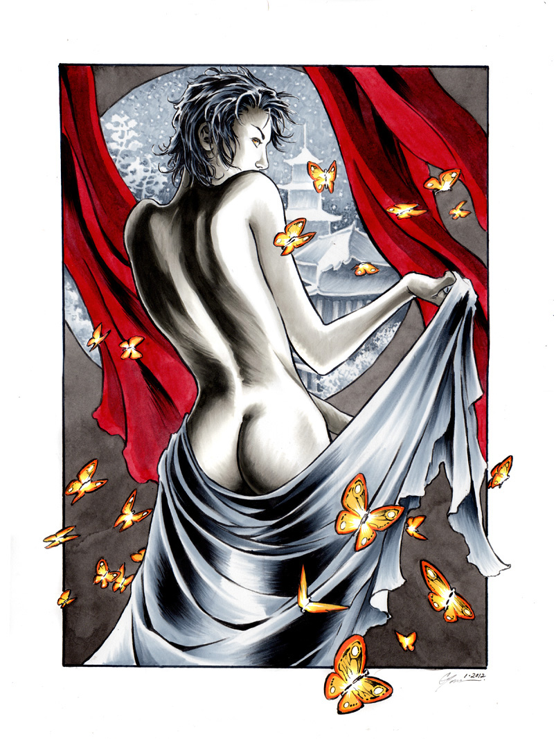 androgynous ass back butterfly dc_comics desire desire_(dc) nude over_shoulder pale_skin snow solo the_sandman window yellow_eyes