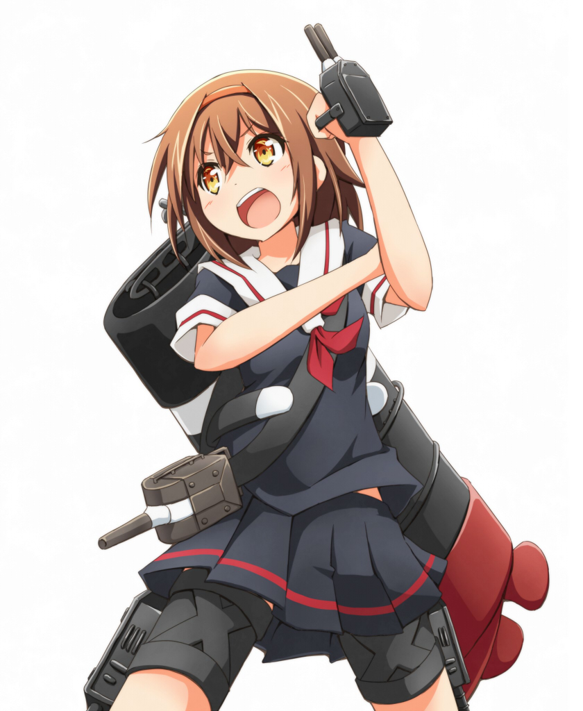 :d black_serafuku brown_eyes brown_hair hair_ornament hairband hand_up kantai_collection machinery neckerchief open_mouth pleated_skirt red_hairband red_neckwear riai_(onsen) school_uniform serafuku shiratsuyu_(kantai_collection) short_hair simple_background skirt smile solo turret white_background