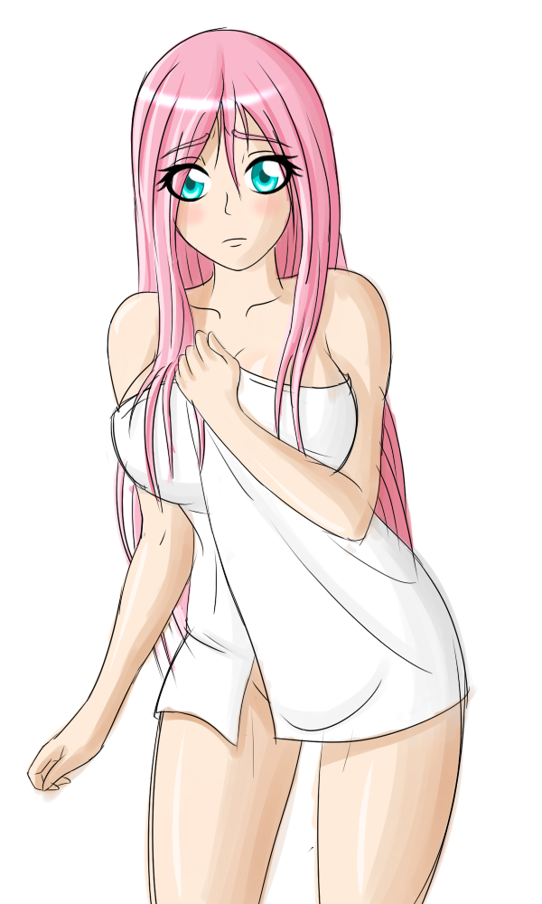 blue_eyes blush breasts clothed clothing female fluttershy_(mlp) friendship_is_magic hair human humanized long_hair looking_at_viewer mammal my_little_pony pink_hair plain_background skimpy solo towel white_background zantyarz