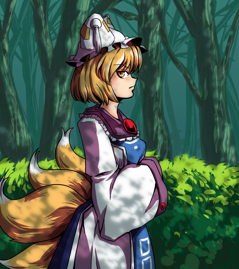blonde_hair bush dress forest fox_tail frown hands_in_opposite_sleeves hat looking_at_viewer multiple_tails nature pillow_hat profile short_hair sideways_glance solo tabard tail tassel toluda touhou yakumo_ran yellow_eyes