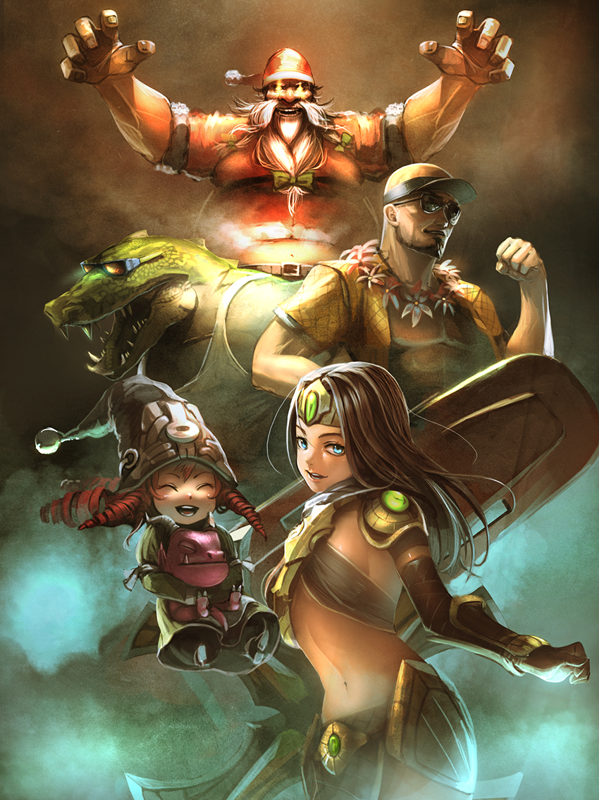 3boys ^_^ alternate_costume beard black_hair blue_eyes breasts closed_eyes facial_hair gragas hat huge_breasts la_ciero_(pixiv) league_of_legends lee_sin long_hair looking_at_viewer lulu_(league_of_legends) medium_breasts multiple_boys multiple_girls navel open_mouth red_hair renekton santa_costume santa_hat sivir sunglasses visor_cap wizard_hat